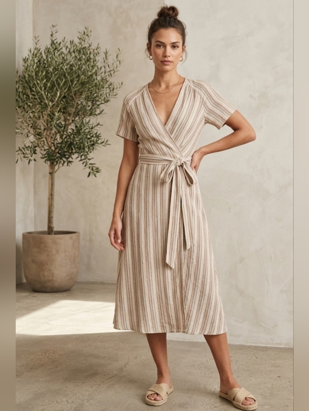 Reformation Striped Wrap Midi Dress - Size S - Neutral Deadstock